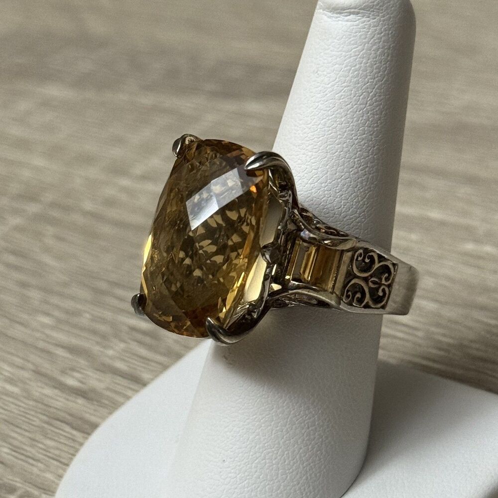 Gems En Vogue 26.4 Ct Canary Citrine Size 8 Cushion Checkerboard Cut Ring - Picture 4 of 10